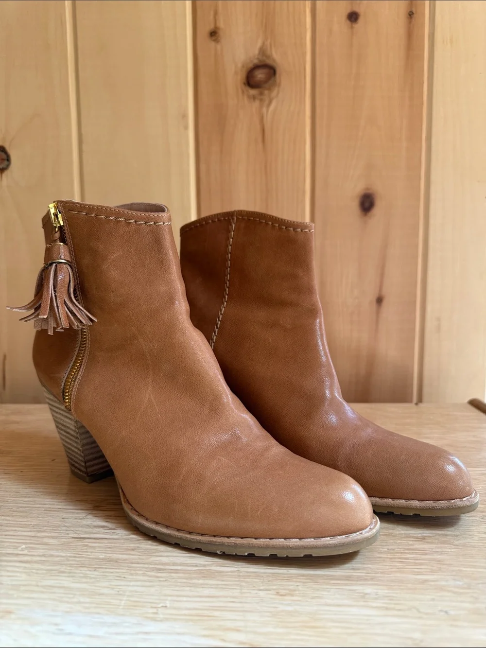Stuart Weitzman Tan Leather Tassel Ankle Booties